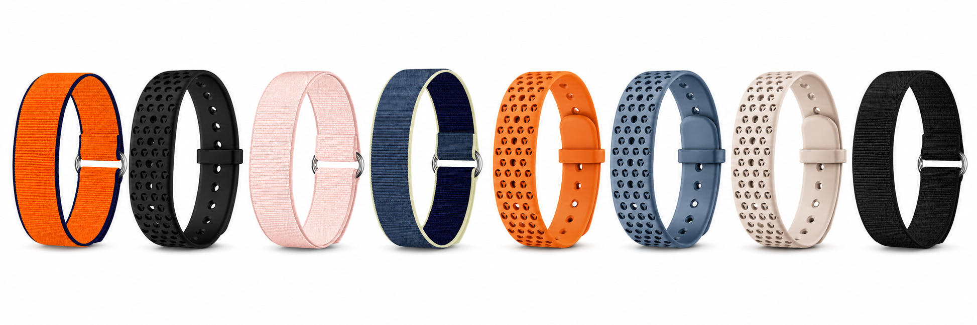 Les huit bracelets RYTM alignés côte à côte : versions en nylon tissé et en silicone perforé, coloris noir, orange, rose poudré et bleu marine.