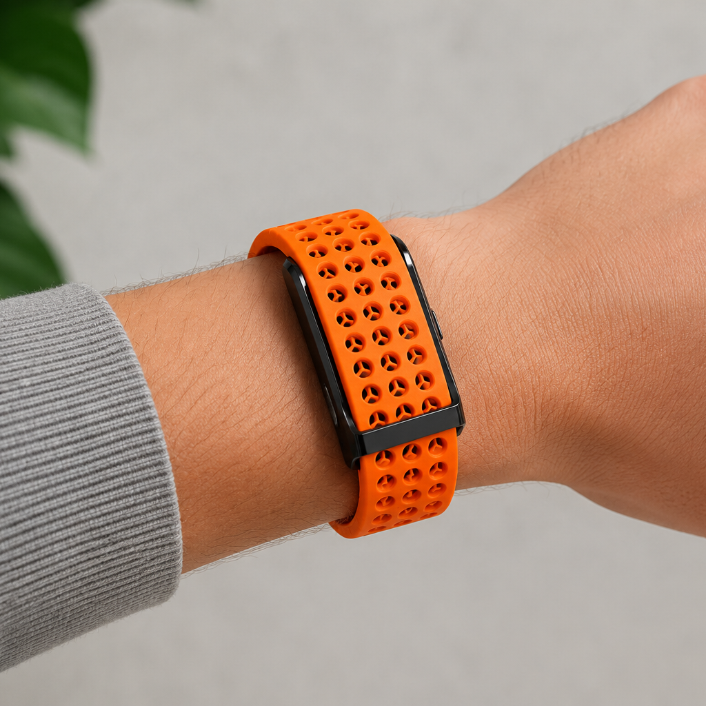 Bracelet RYTM en silicone perforé orange porté au poignet, feuillage vert en arrière-plan.