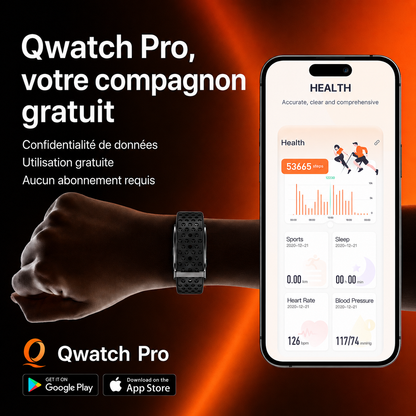 Poignet portant une RYTM band à bracelet silicone noir, à côté d'un téléphone affichant l'application Qwatch Pro. Texte : « Qwatch Pro, votre compagnon gratuit — confidentialité des données, utilisation gratuite, aucun abonnement requis ».