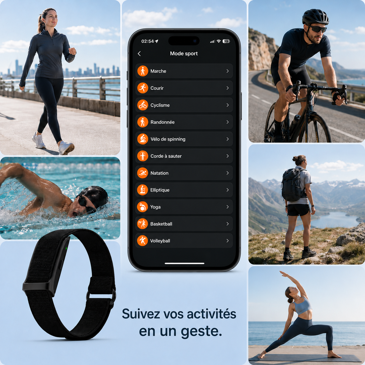 Mosaïque de photos de sport — marche, natation, cyclisme, randonnée, yoga — autour d'un écran d'application listant les modes sportifs et d'une RYTM band à bracelet nylon noir. Texte : « Suivez vos activités en un geste ».