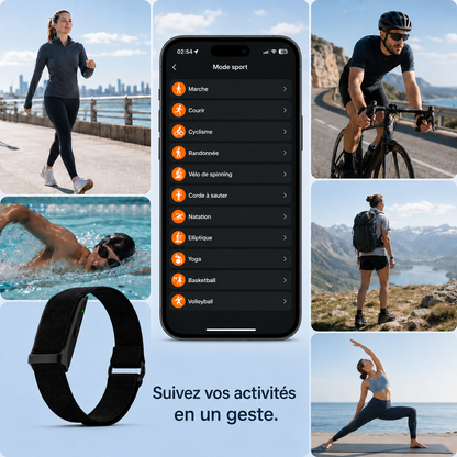 Mosaïque de photos de sport — marche, natation, cyclisme, randonnée, yoga — autour d'un écran d'application listant les modes sportifs et d'une RYTM band à bracelet nylon noir. Texte : « Suivez vos activités en un geste ».