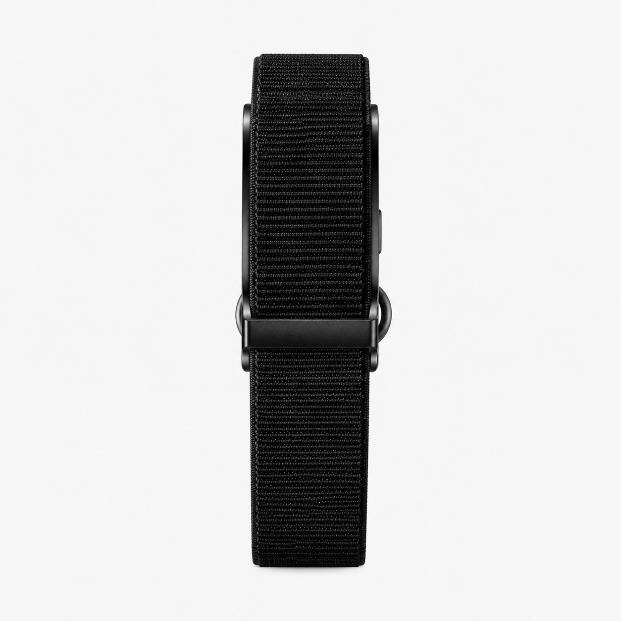 Bracelet RYTM en nylon tissé noir, vu de face à plat, boucle noire.