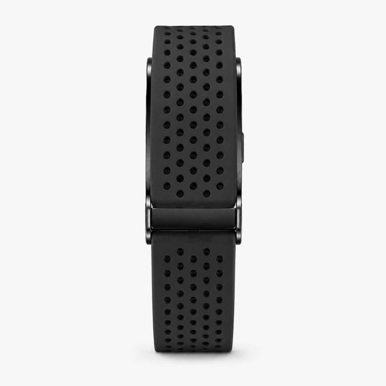 Bracelet RYTM en silicone perforé noir, vu de face à plat, boucle noire.