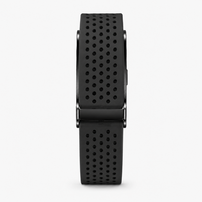 Bracelet RYTM en silicone perforé noir, vu de face à plat, boucle noire.