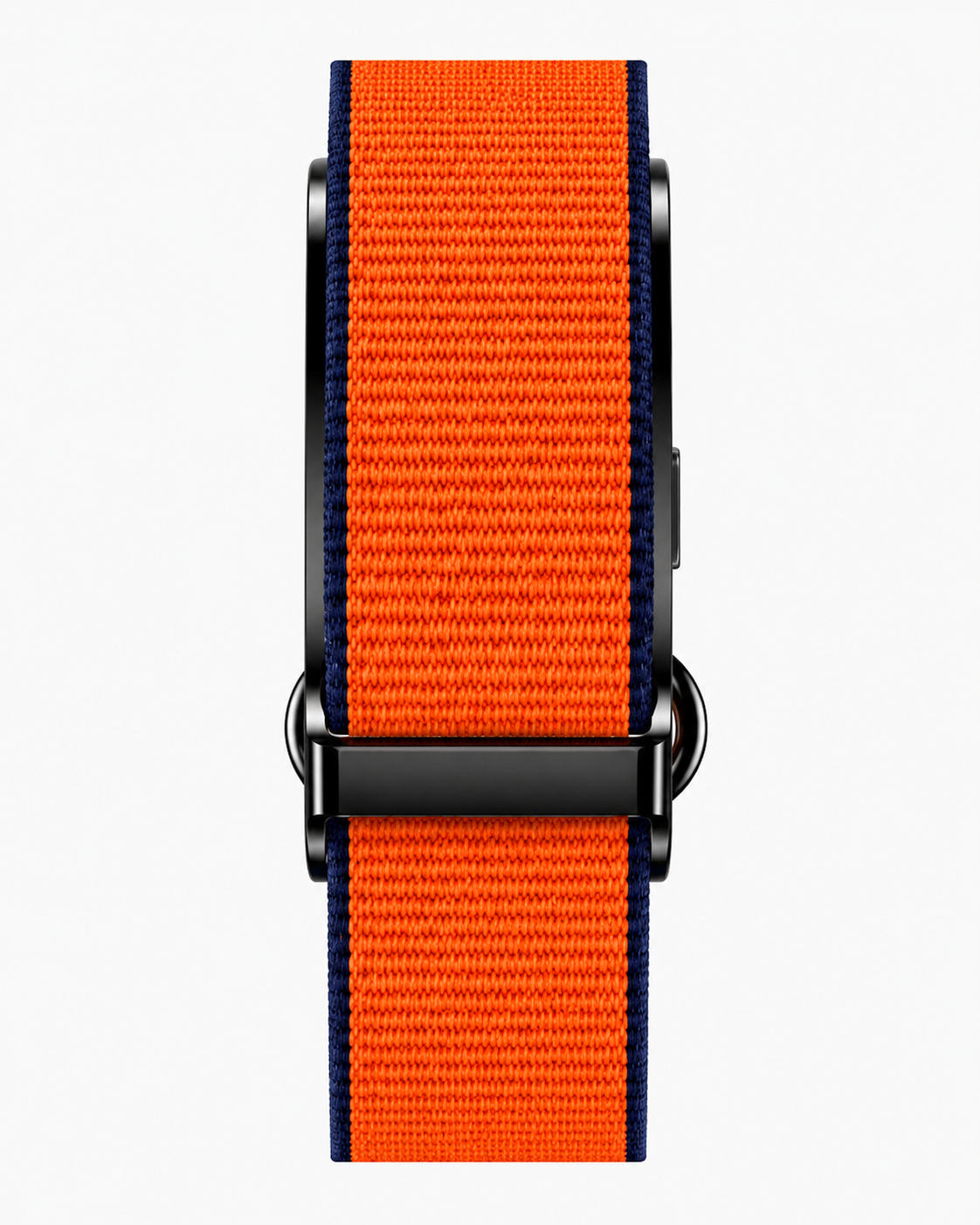 Bracelet RYTM en nylon tissé orange bordé de bleu marine, vu de face à plat, boucle noire.