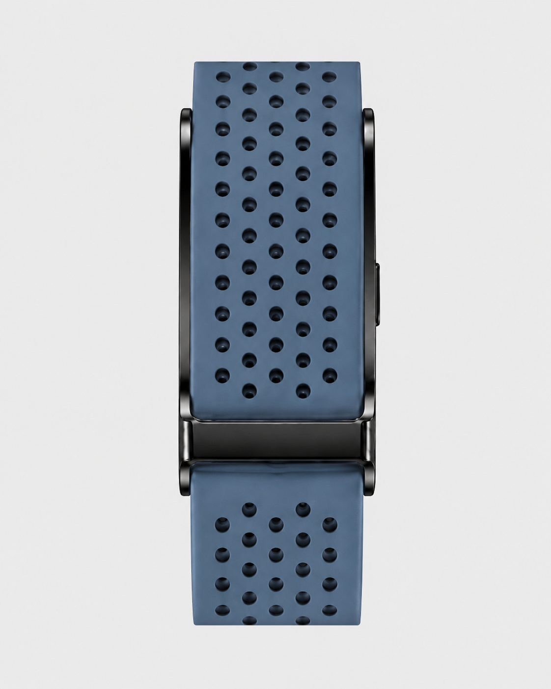 Bracelet RYTM en silicone perforé bleu ardoise, vu de face à plat, boucle noire.