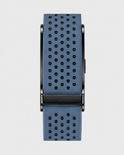 Bracelet RYTM en silicone perforé bleu ardoise, vu de face à plat, boucle noire.
