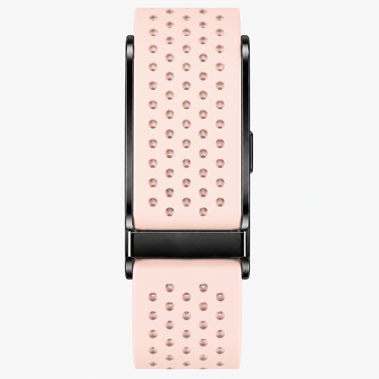 Bracelet RYTM en silicone perforé rose poudré, vu de face à plat, boucle noire.